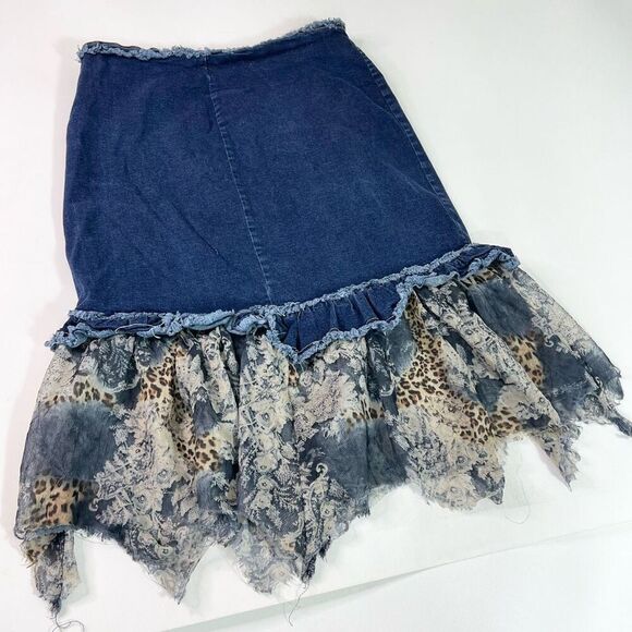 90s Y2K Ashley Stewart Skirt Womens 22W Boho Chic Denim Jean Fairy Leopard - Picture 6 of 7